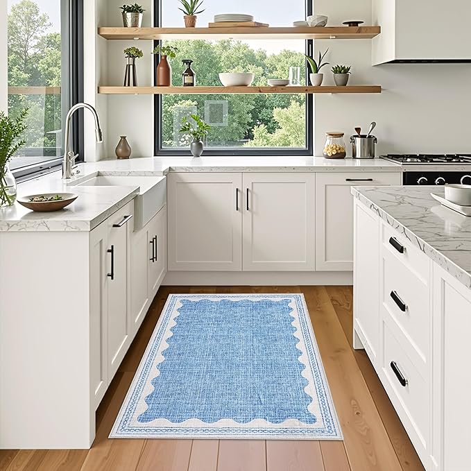 GarveeHome Door Mat Indoor Rugs for Entryway Small Throw Rug 2x3 Washable Non-Slip Solid Blue Modern Minimalism Soft Low-Pile Scalloped Carpet for Bedroom Kitchen Bath Entrance with Rubber Back