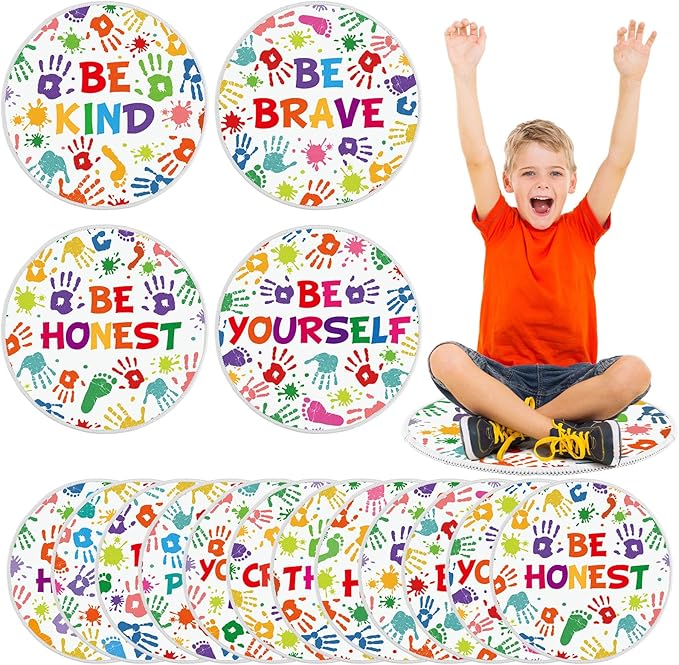 Tinideya 12 Pcs Kids Carpet Circle Seats for Class 16 Inch Round Classroom Rug Floor Cushions Soft First Day of School Educational Mat Non Slip Back to School Learning Playing Areas(Handprint)