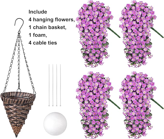 HyeFlora Artificial Fake Hanging Flowers with Basket for Outdoor Decoration,UV Resistant Faux Silk Daisy Flowers Light Fuchsia Orchid Vines in Planter Realistic Hanging Baskets for Home Porch Garden