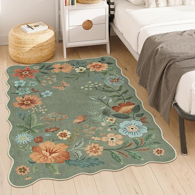 Lahome Floral Washable Rugs, 4X6 Rug for Bedroom Ultra-Thin Soft Dining Room Rug, Non-Slip Living Room Rugs Stain Resistant Boho Rug Lightweight Flore Throw Rug for ‎Office (4x6ft,Green)