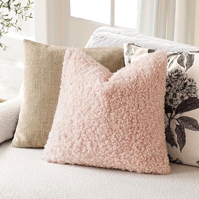 Foindtower 2 Pieces 16x16 Inch Light Pink, Faux Fur Throw Pillow Cover Accent Sherpa Furry Pillow Covers Fuzzy Soft Pillowcases Cozy Sheepskin Decorative Fleece Cushion Case for Bed Couch Living Room