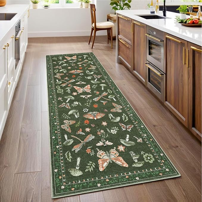 Mushroom 2.5x8 Runner Rug for Hallway Washable Kitchen Rugs Non Slip Low-Pile Whimsical Cottage Core Insect Bug Butterfly Funky Decor for Entryway Bathroom Bedroom Olive Green