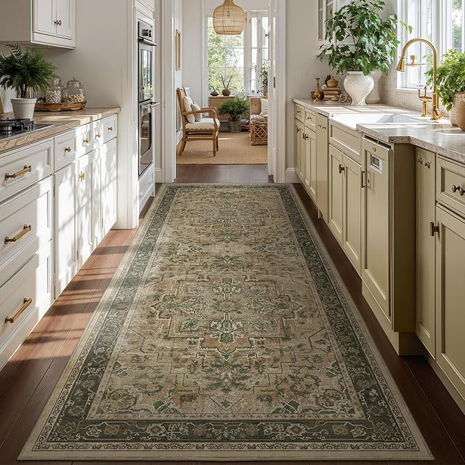 Moody 4x8 Area Rugs for Long Living Room, Washable Non Slip Wide Large Runner for Entryway Hallway 8ft, Retro Distressed Medallion Carpet Rugs for Bedroom/Kitchen/Dining Room, Multi Brown/Olive