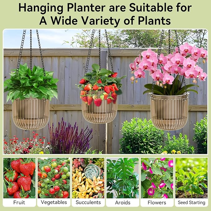 ZeeDix 3 Pack Self Watering Hanging Planters, 6.5 Inch Indoor Plant Pots with 3 Hooks Visible Water Level and Drainage for Home, Wall, Window Decor Outdoor Use(Starry Gray)