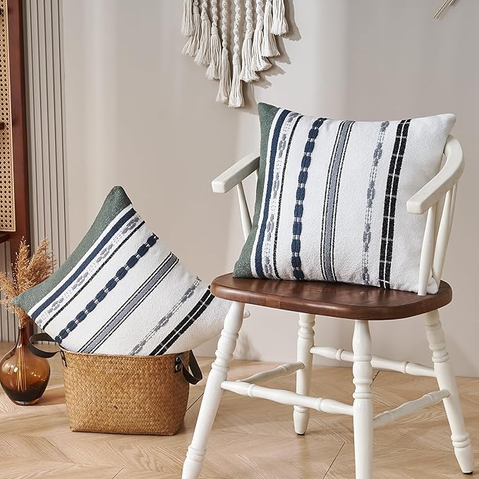 Boho Throw Pillow Covers 18 x 18 Chenille Pillow Covers Striped Square Elegant Neutral Striped Pillowcase Double Sided Pattern Soft Plush Farmhouse Home Decor for Living Room Couch Pack of 2