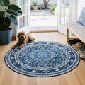 Lessymo 4FT Washable Round Area Rugs for Living Room, Non Slip Circle Rugs Low Pile Vintage Carpet for Bedroom, Dining Room, Nursery, Home Office, Blue White
