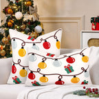 Christmas Embroidered Lumbar Pillow Covers Farmhouse Tufted Pillow Covers Winter Holiday Decorative Couch Covers 12x20 Christmas Lights Square Cushion Cases Set of 2 for Living Room Couch Sofa Bed