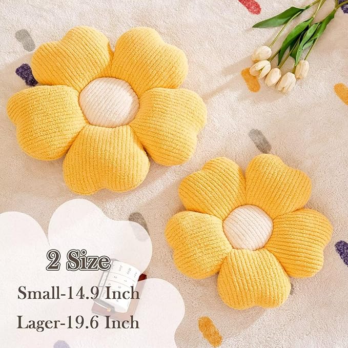 Flower Throw Pillow, Cute Flower Shaped Pillow Decorative Throw Pillow for Bed Couch, Soft Daisy Pillows Floor Seating Cushion Cushions (19.6 Inch Yellow)