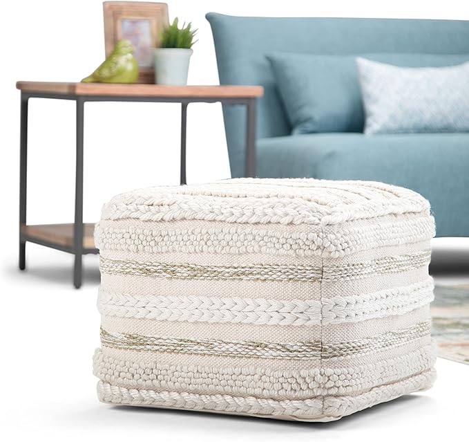 SIMPLIHOME Sommer Square Pouf - 18 inch Wide Upholstered Handloom Woven Cotton Ottoman in Natural, Boho-Style Footstool, Extra Seating or Accent Piece for Living Room or Bedroom, Assembled