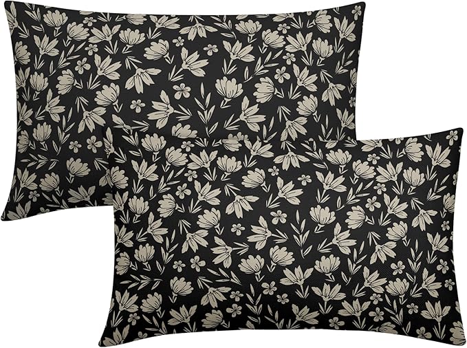 Vintage Flower Lumbar Pillow Covers 12x20 Set of 2 Rustic Old Style Cute Small Floral Black Cream Decorative Throw Pillows Outdoor PillowCase Farmhouse Linen Long Cushion Case Decor for Sofa Couch Bed