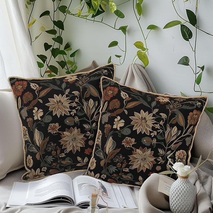 KSLIDS Vintage Floral Brown Black Soft Velvet Throw Pillow Covers Set of 2 Retro Boho Flower Leaves Decorative Pillow Covers 16x16 Inch Bohemian Pillow Case for Sofa Couch Farmhouse Home Decor