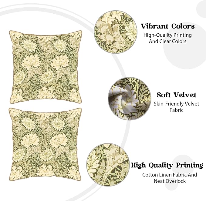 KSLIDS Vintage Green Flowers Soft Velvet Throw Pillow Covers Set of 2 Floral Plant Leaves Decorative Pillow Covers 20x20 Inch Chinoiserie Retro Pillow Case for Sofa Couch Bedroom Farmhouse Home Decor
