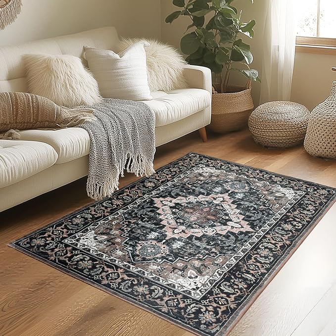 Lessymo 3 x 5 Area Rugs for Living Room,Machine Washable Area Rugs Boho Faux Wool Low Pile Area Rug for Bedroom Floral Medallion Vintage Rugs with Non-Slip Rubber, Kid & Pet Friendly,Black Brown