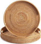 Coffee Table Tray Round Rattan Ottoman Tray Woven Serving Trays with Handles for Home and Kitchen Decorative Natural (Large 14 inch x 2.4 inch)