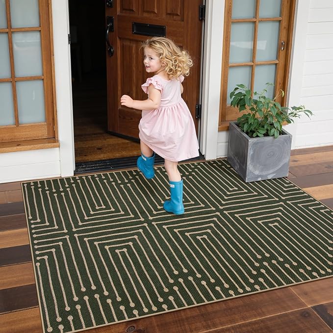 Lahome Boho 3x5 Easy Jute Rugs for Entryway, Non Slip Green Area Rug, Maze Lines Modern Washable Rugs for Bedroom, Low Pile Indoor Outdoor Carpet for Deck Porch Backyard