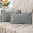 decorUhome Chenille Soft Cozy Throw Pillow Covers 12x20 Set of 2, Modern Farmhouse Boho Velvet Decorative Pillow Cases with Stitched Edge for Couch Sofa Bed Home Decor, Neutral Gray
