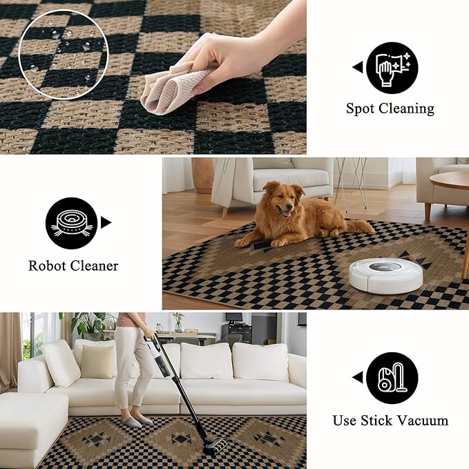 LIVEBOX Easy Jute Checkered Washable Entryway Rug 2x3, Non Slip Ultra Thin Front Door Mat Indoor Entrance, Farmhouse Small Kitchen Rug No Shed Jute Rugs Carpet for Hallway Bedroom Bathroom
