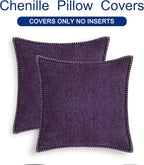 CaliTime Throw Pillow Covers Decorative 18 X 18 Inches Pack of 2 Cotton Thread Stitching Edges Solid Dyed Soft Chenille Cushion Cases for Couch Sofa Bed Living Room Farmhouse Plum Purple