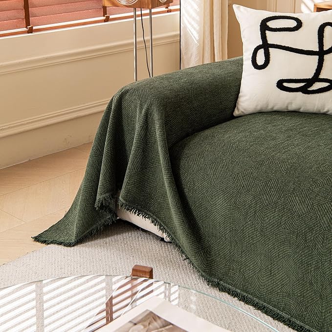 ROOMLIFE Green Waterproof Sofa Cover, Boho Couch Cover for 3 Cushion Sofa, Non Slip Chenille Sofa Slipcovers for Dog, Washable Furniture Sofa Protector Cover with Tassel for Living Room, 71''X150”