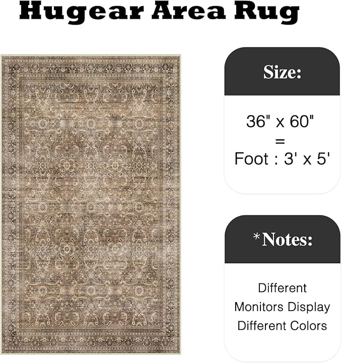HUGEAR 3x5 Entryway Area Rug Vintage Brown Small Rug Machine Washable Door Mat Retro Floral Low Pile Carpet Vacuumable Distressed Throw Rug Entrance Kitchen Bedroom Bathroom Non Slip Lightweight