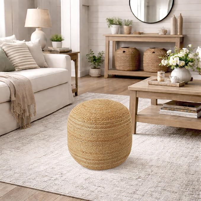 Casafield Hand-Braided Jute Pouf Ottoman Footrest, 18" W x 18" D x 18" H - Round, Natural Woven Boho Floor Cushion, Home Decor for Living Room