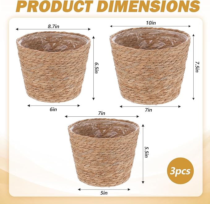 3 PCS Plant Baskets Indoor with Plastic Liner, Water Hyacinth Woven Planters Flower Basket, Planter Basket for Rustic Boho Home Farmhouse Floor Potted Pots Decor