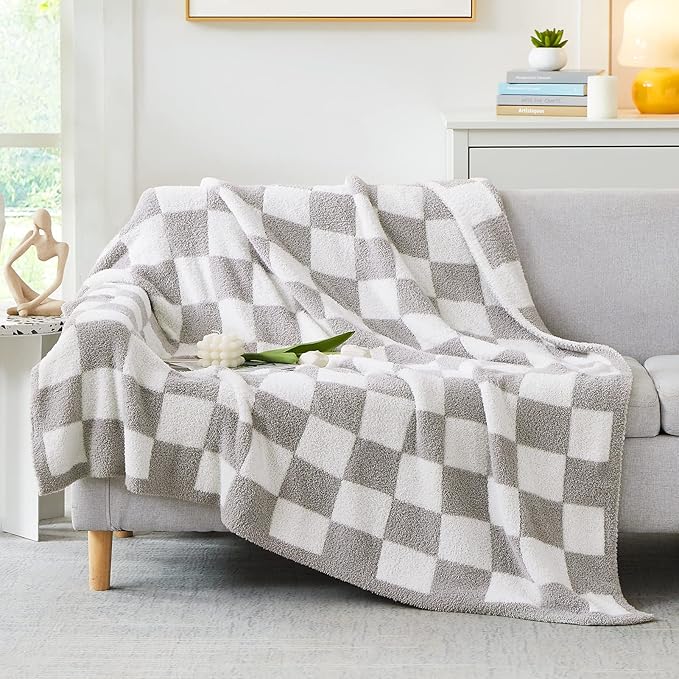 WRENSONGE Checkered Throw Blanket, Light Grey Soft Cozy Fluffy Warm Hand Made Throw Blankets for Couch, Sofa, Chair, Bed, Camping, Picnic, Travel Lightweight Bed Blanket - 60 * 80