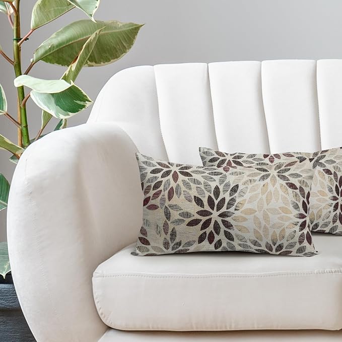 Kawani Burgundy Red Dahlia Lumbar Pillow Covers 12X20 Inch Rustic Rust Geometric Flower Decorative Pillow Cases Set of 2 Beige Tan Gray Floral Throw Pillows for Cushion Sofa Couch Farmhouse Outdoor