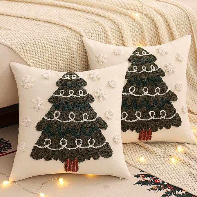 Tosleo Christmas Tufted Pillow Covers 18 x 18 inch Set of 2 Green Xmas Tree with Snowflake Throw Pillow Cover Party Decor Winter Holiday Embroidery Cushion Case for Sofa Couch Bed Living Room