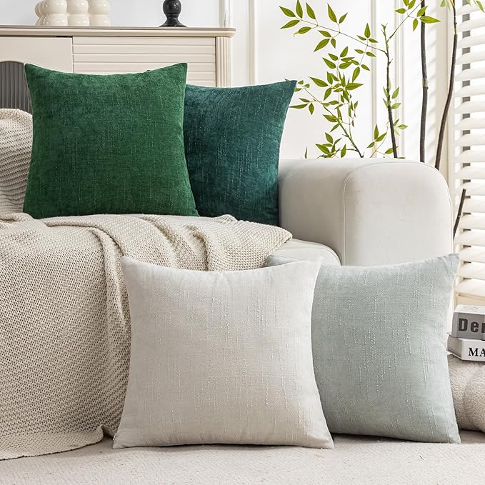 Set of 4 Soft Textured Decorative Throw Pillow Covers 20x20 Inch Cozy Farmhouse Cushion Cover Square Accent Pillow Cases for Bed Couch Sofa Living Room, White Aqua Green