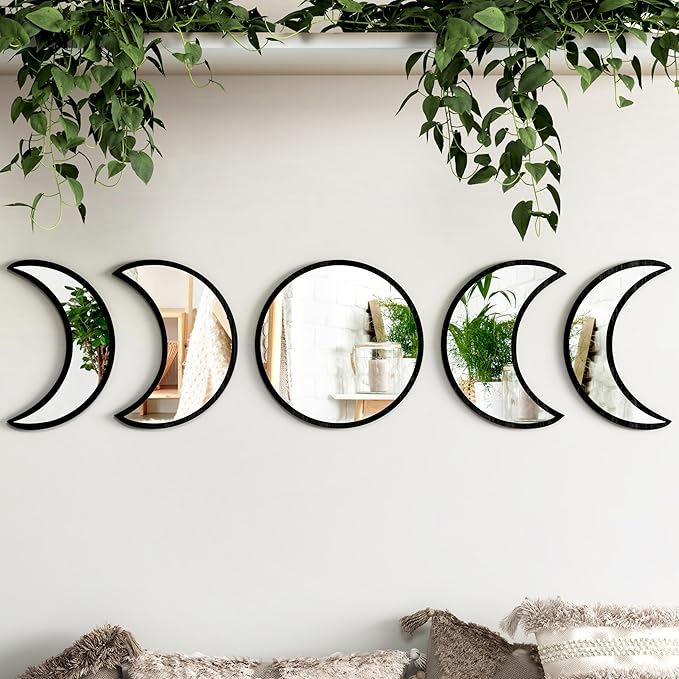 5-Piece Black Acrylic Moon Phase Wall Mirror Set - Shatterproof Safety Design, Easy Stick-On Installation, Boho Celestial Decor for Bedroom Living Room