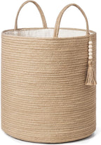 Mkono Tall Wicker Laundry Basket Woven Storage Basket Decorative Natural Rope Basket Wooden Bead Decoration for Blankets,Toys,Clothes,Shoes,Plant Organizer Bin with Handles Living Room 15"Wx17.7"L