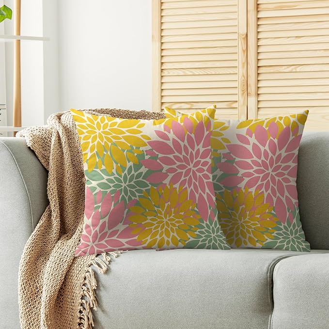 Yellow Pink Green Spring Pillow Covers 24X24 Inch Set of 2, Modern Dahlia Floral Print Decorative Throw Pillow Covers Outdoor Farmhouse Cushion Case for Home Couch Sofa Bed Decoration
