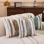 Boho Striped Throw Pillow Covers 18x18 Inch Set of 2 Farmhouse Decorative Pillow Covers Chenille Tufted Accent Neutral Pillowcase Brown White Cushion Cover for Living Room Couch Sofa Bed