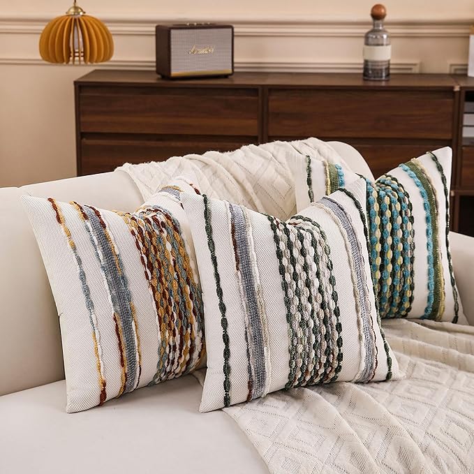 Boho Striped Throw Pillow Covers 18x18 Inch Set of 2 Farmhouse Square Decorative Pillow Covers Chenille Tufted Accent Neutral Pillowcase Teal Green Cushion Cover for Living Room Couch Sofa Bed