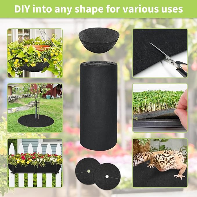 Riare 16x80 Inch Black Felt Planter Liner Roll- 2 Rolls Non-Woven Fabric Planter Liner for Outdoor Plants, Coco Liner Roll Alternative Basket Planter Liner for Planters Hanging Basket Window Box