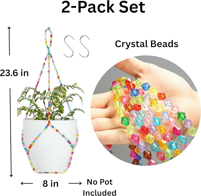 2 Pack Macrame Plant Hanger (for 8" Pot), Glass Beaded Plant Hangers Indoor Outdoor | Colorful Hanging Planters, Hanging Plants Holders | No Pot/Plants Included (2PK, for up to 8")