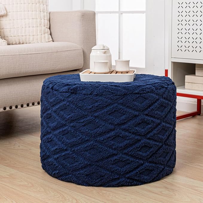 Fluffy Round Ottoman Pouf with All-in-One Foam Filling 20" x 14" Furry Ottoman Foot Rest Foot Stool for Living Room or Bedroom (Navy Blue)