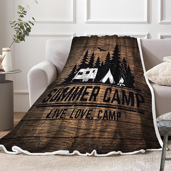 Brown Camping Throw Blankets, Retro Wood Camping Throw Blankets, Soft, Flannel, Warm, Rustic Wooden Board Fleece Bed Blanket Decor, Farmhouse Plush Blanket for Couch Sofa 60X70 Inch