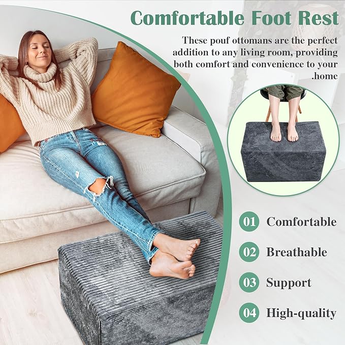 Rectangular Pouf Ottoman, Stuffed Floor Pouf with Foam Chunk Filling, Soft Coral Fleece Furry Foot Rest Stool, Multi-Use Ottoman for Living Room, Wide Stripe Boho Decor, Dark Grey