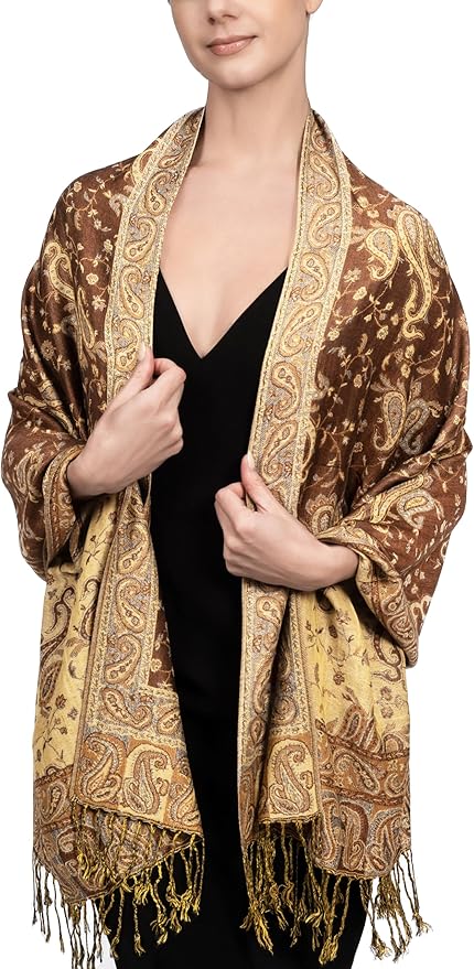 Achillea Reversible Paisley Pashmina Rave Scarf – Exotic Indian Shawls and Wraps for Evening Dresses, Festivals, All Seasons