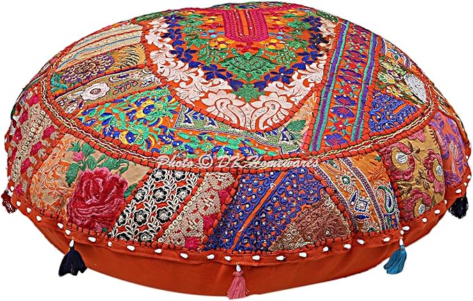 Indian Bohemian Floor Pillow for Kids Orange 28 Inch Patchwork Yoga Pouffe Footstool Home Decor Embroidered Vintage Cotton Round Floor Cushions for Adults 28x28