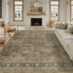 9x12 Brown Area Rug Vintage Living Room Bedroom Washable Carpet Non-Slip Soft Low Pile Distressed Indoor Large Throw Rug for Dining Room Office