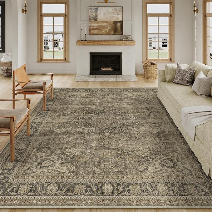 9x12 Brown Area Rug Vintage Living Room Bedroom Washable Carpet Non-Slip Soft Low Pile Distressed Indoor Large Throw Rug for Dining Room Office