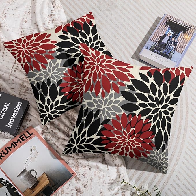 Black Red Pillow Covers 20X20 Inch Set of 2, Spring Summer Floral Dahlia Flower Cream Decorative Throw Pillow Covers Outdoor Modern Farmhouse Cushion Case for Home Couch Sofa Bed Decor