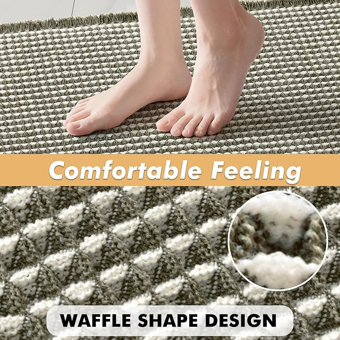 MIULEE Set of 2 Waffle Bathroom Rugs, Boho Bath Rugs Non Slip Washable, Super Absorbent Bath Mats, Ultra Soft Rubber Backed Shower Mats for Bathroom Floor, Tub, Green & Cream, 17x24 Inch
