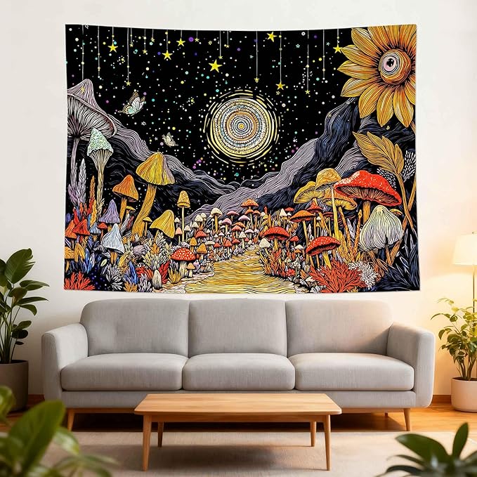 Yeoiat Tapestry Mystical Mushroom Path Tapestries Celestial Forest Tapestries Vibrant Sunflower Wall Tapestry Bedroom Dormitory Living Room Decoration 90"x70"