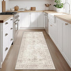 Fmfunctex 3x8 Runner Rug Beige Washable Vintage Neutral Distressed Non Slip Low Pile Indoor Carpet Soft Retro Floral Hallway Entryway Rug for Kitchen Living Room Bedroom Bathroom Laundry Entry Bedside