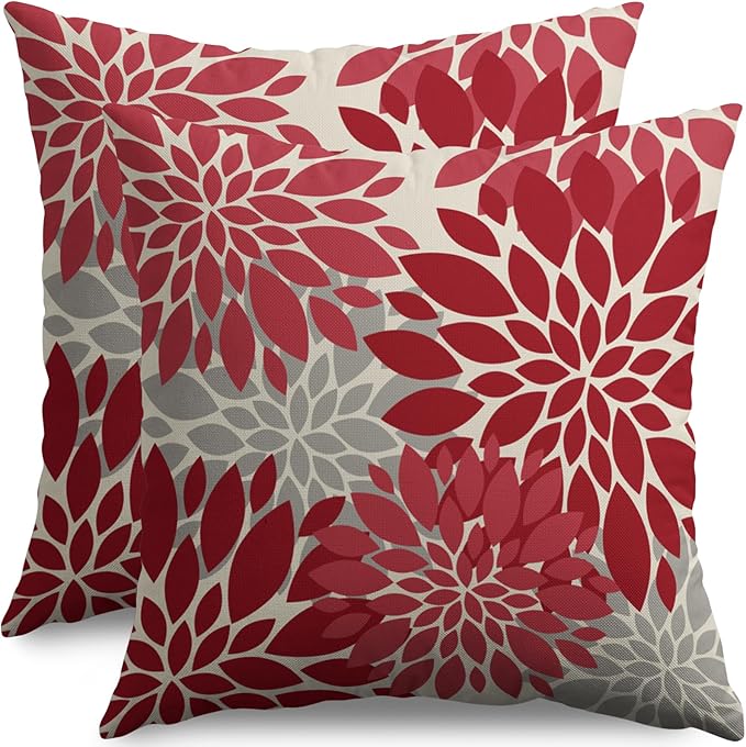 Red Christmas Pillow Covers 22X22 Inch Set of 2, Dahlia Flower Spring Summer Floral Cream Decorative Throw Pillow Covers Outdoor Modern Farmhouse Cushion Case for Home Couch Sofa Bed Decor