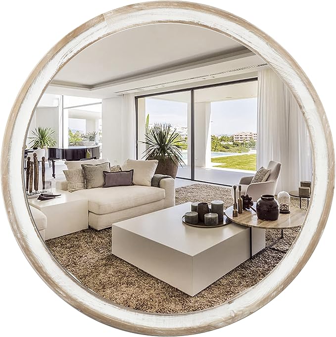 24 Inch Farmhouse Wooden Round Wall Mirror for Home Decor, Rustic Decorative Circle Mirrors for Bathroom Over Sink, Bedroom, Entryway, Living Room, Kithen, Office